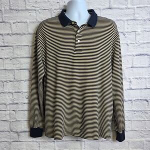Lands' End Mens XL 46-48 Supima Cotton Long Sleeve Polo Navy Yellow White Stripe